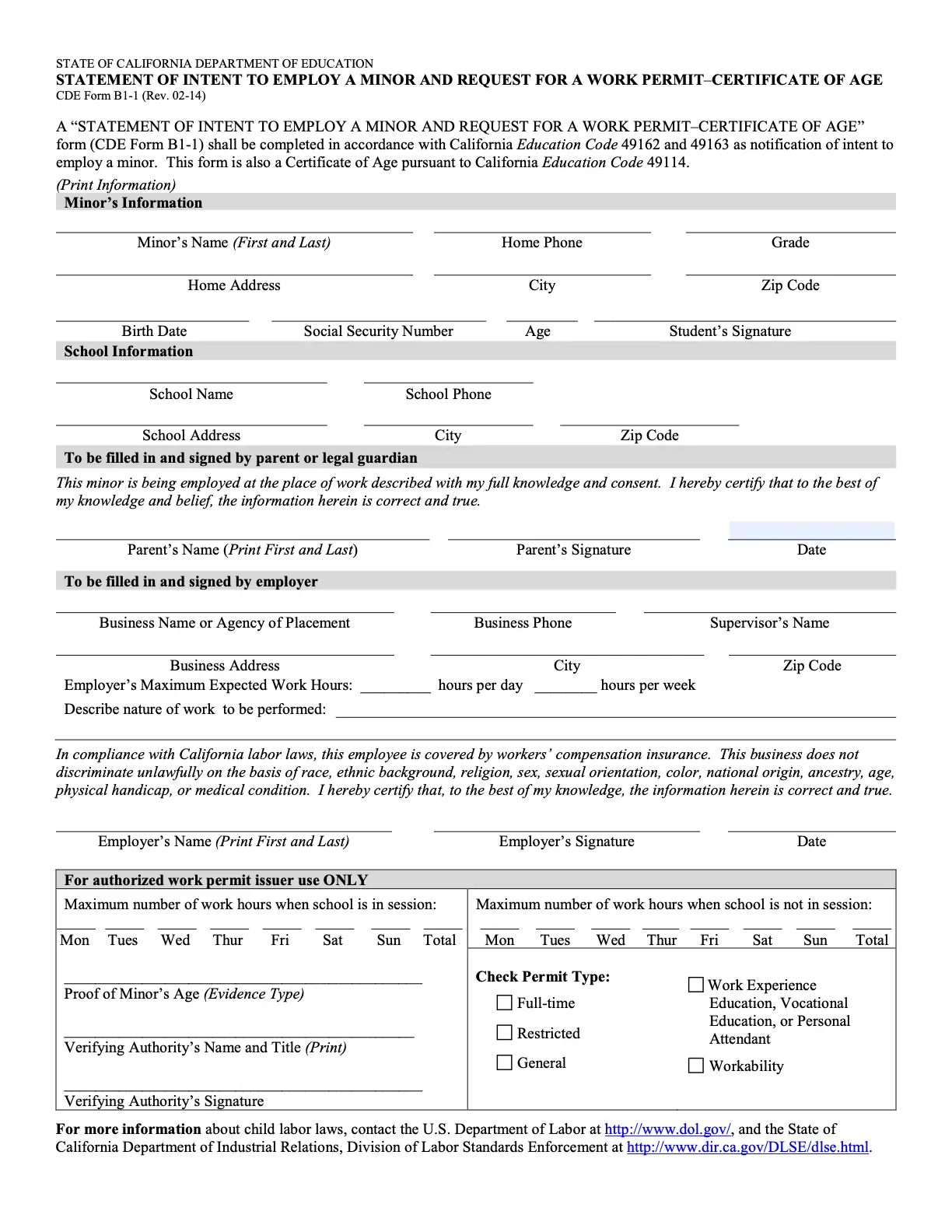 B 1-4 Solicitud de Permiso de Trabajo para Menor